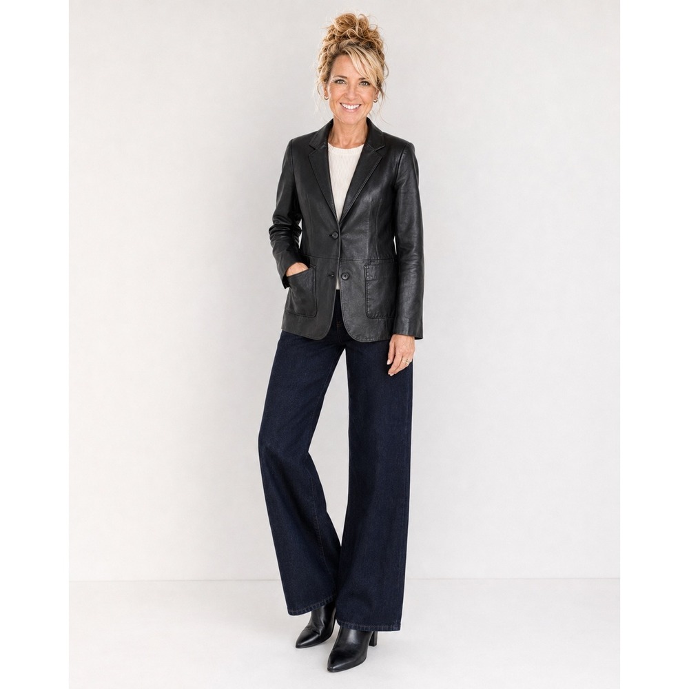 Outbrook Black Genuine Leather Blazer Jacket Women Small S 4 6 90s Y2K Vintage